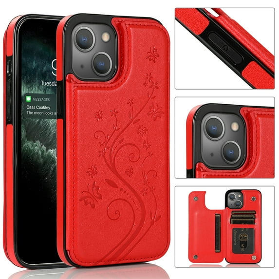Compatible with iPhone 12 Mini Case Wallet with Card Holder,Embossed Butterfly Pattern PU Leather Double Magnetic Buttons Flip Shockproof Protective Cover for iPhone 12 Mini 5.4 Inch, Red