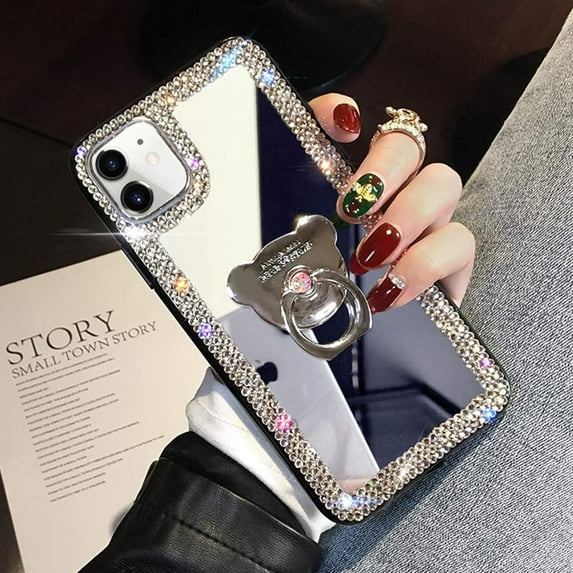 Compatible with iPhone 12 Mini Diamond Glitter Case Makeup Mirror with Ring Holder Kickstand Stand Bling Rhinestone Crystal Cute for Women Girls with Finger Grip Case 5.4 inch Silver