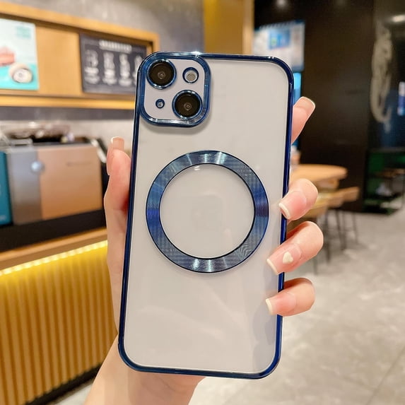 Compatible with iPhone 12 Mini Magnetic Clear Case,Luxury Plating Bling Transparent Shockproof MagSafe Case with Full Camera Lens Protector for iPhone 12 Mini Women Girl Men-Blue