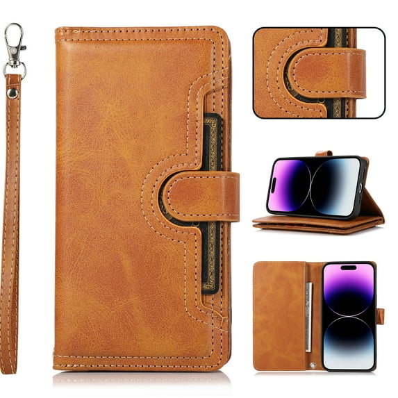 Compatible with iPhone 12 Mini Wallet Case,RFID Blocking PU Leather Folio Magnetic Closure Protective Cover with Wrist Strap Outer Slide Credit Card Holder Kickstand Men Women,Orange