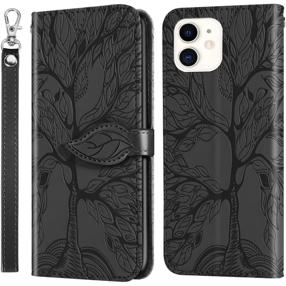 Compatible with iPhone 12 Mini Wallet Case Women Leather Flip with Wrist Strap Kickstand Magnetic Shockproof with Card Holder Protective Case for iPhone 12 Mini 5.4 inch Life Tree Black