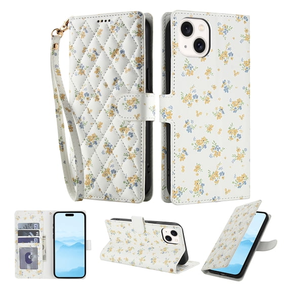 Compatible for iPhone 12 Mini Wallet Case with Wrist Strap, Women Girls Flower Pattern PU Leather Shockproof Protective Folio Cover with Card Holder Kickstand for iPhone 12 Mini, Pattern-D