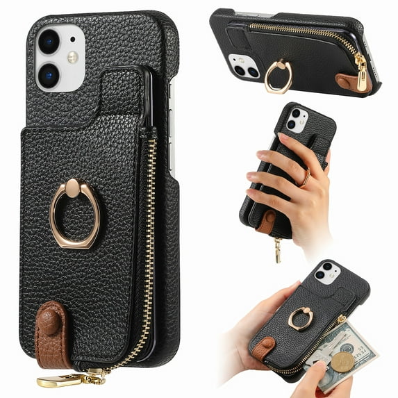 Compatible for iPhone 12 Mini Zipper Wallet Case with Card Holder, Rotation Ring Kickstand Case, PU Leather Card Slots RFID Blocking Protection Phone Case Shockproof Cover, Black