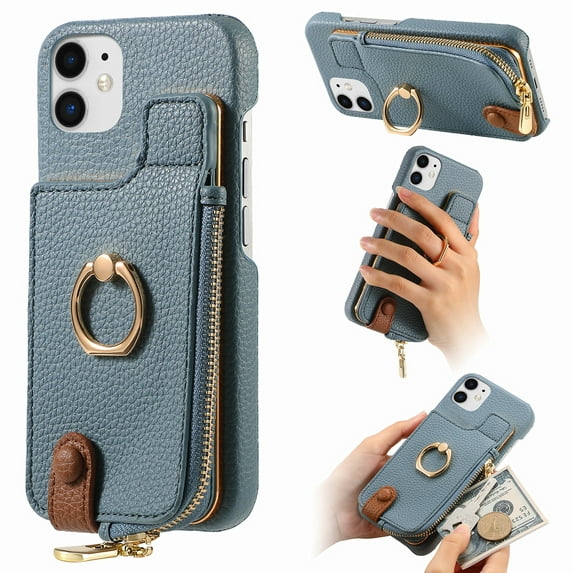 Compatible for iPhone 12 Mini Zipper Wallet Case with Card Holder, Rotation Ring Kickstand Case, PU Leather Card Slots RFID Blocking Protection Phone Case Shockproof Cover, Blue
