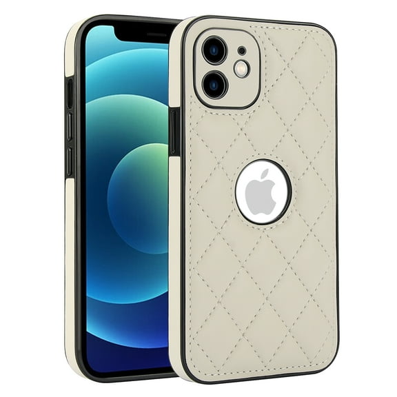 Compatible WIth iPhone 12 Phone Case with Logo Window,Trendy Diamond-checkered Pattern PU Leather Soft TPU Ultra Slim Anti-fall Shockproof Protective Back Cover Phone Case,White
