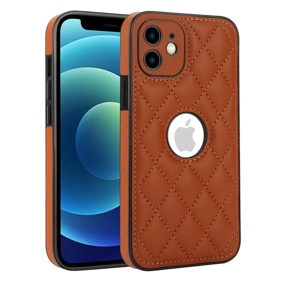 Compatible WIth iPhone 12 Phone Case with Logo Window,Trendy Diamond-checkered Pattern PU Leather Soft TPU Ultra Slim Anti-fall Shockproof Protective Back Cover Phone Case,Brown