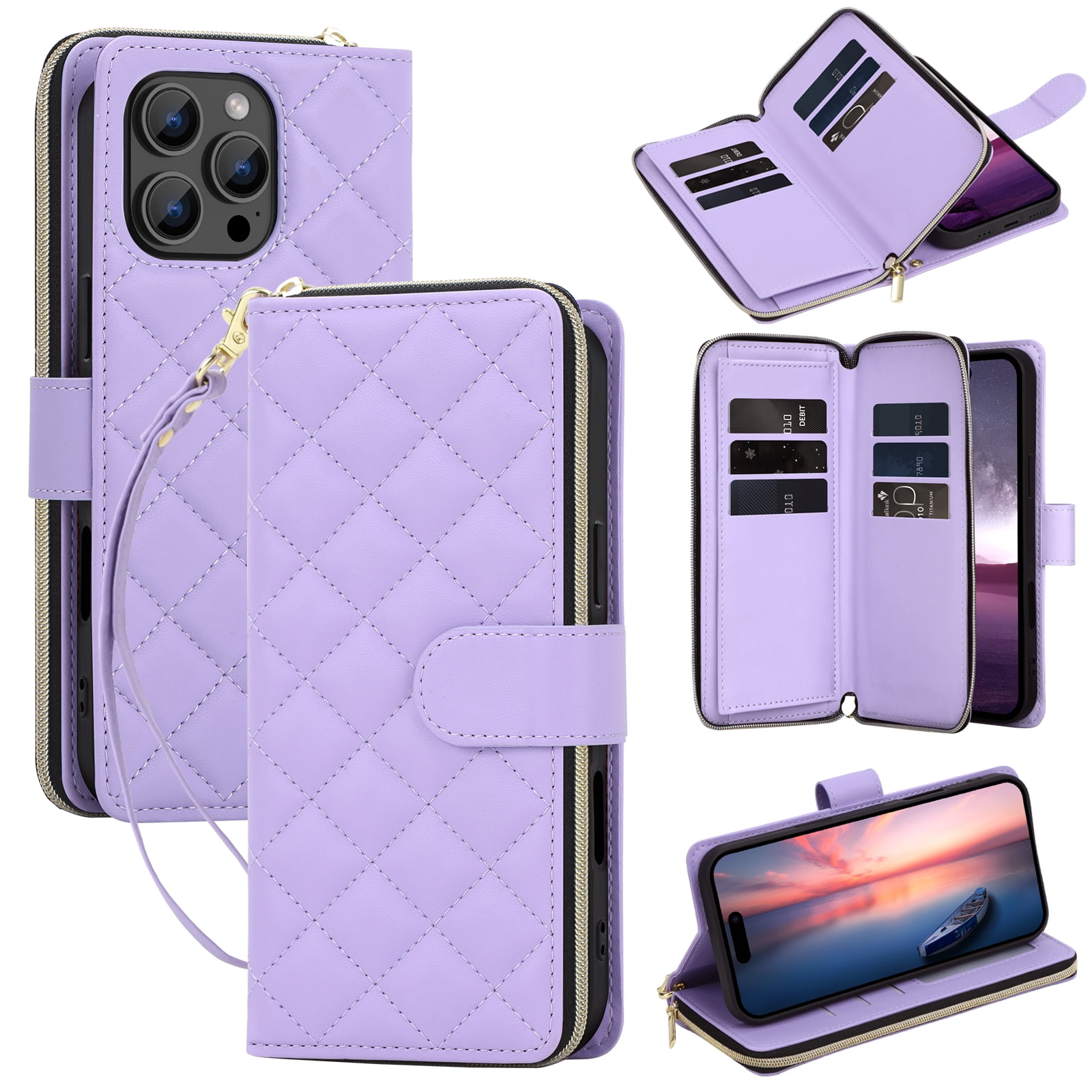 Compatible for iPhone 12 Pro / 12 6.1" Wallet Case, Crossbody Strap PU Leather Folio Phone Cover, Zipper Handbag Purse with Card Holder Lanyard Flip Stand for iPhone 12 Pro / 12 6.1", Purple