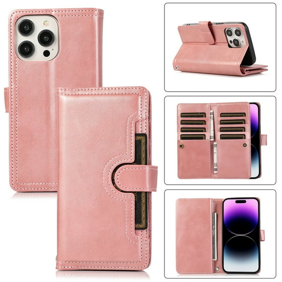 Compatible with iPhone 12 Pro / 12 6.1" Wallet Case,RFID Blocking PU Leather Folio Magnetic Closure Protective Cover with Wrist Strap Outer Slide Credit Card Holder Kickstand Men Women,Rosegold