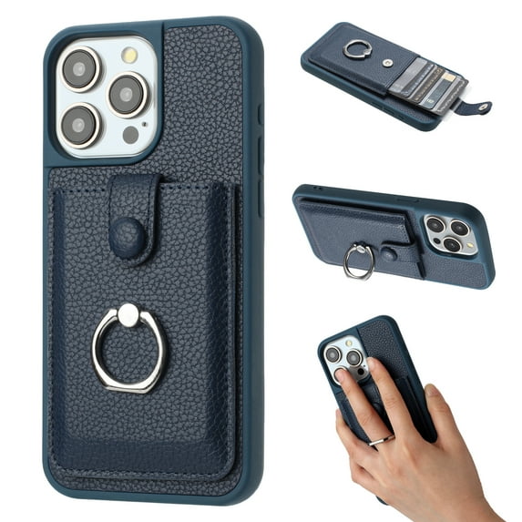 Compatible with iPhone 12 Pro / 12 6.1" Wallet Phone Case,360°Rotation Finger Ring Holder Kickstand,with Card Holder,Lychee Pattern PU Leather Durable Shockproof Rugged Phone Case,Blue