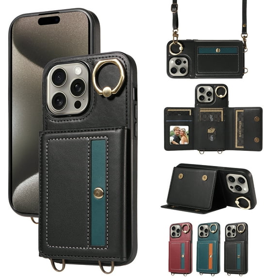 Compatible with iPhone 12 Pro/12 Case Wallet Card Holder Leather PU Cover Folio Lanyard Crossbody Strap Women Girl Magnetic Clasp Kickstand Ring Holder Shockproof Protective Case,Black