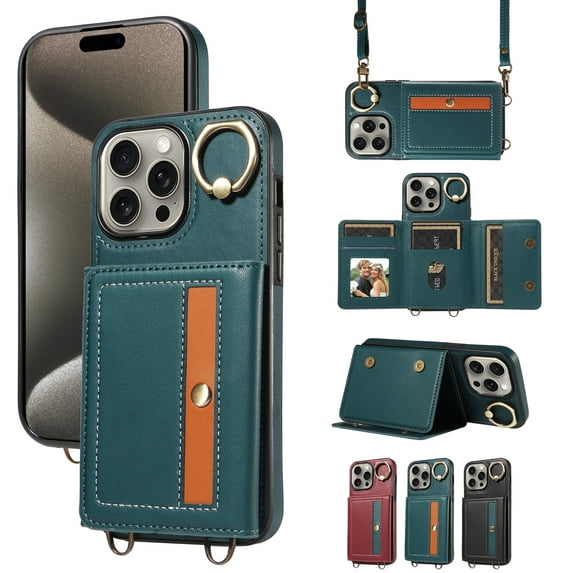 Compatible with iPhone 12 Pro/12 Case Wallet Card Holder Leather PU Cover Folio Lanyard Crossbody Strap Women Girl Magnetic Clasp Kickstand Ring Holder Shockproof Protective Case,Cyan