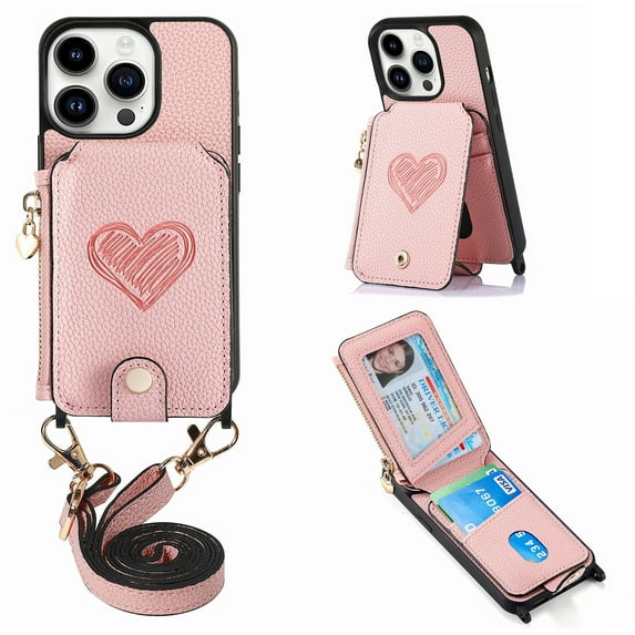 Compatible with iPhone 12 Pro / 12 Case Wallet, with Credit Card Holder Zipper Pocket Crossbody Strap Heart Pattern PU Leather Magnetic Clasp Kickstand Heavy Duty Protective Flip Cover, Pink
