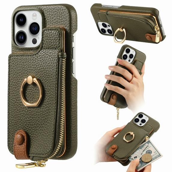 Compatible for iPhone 12 Pro / iPhone 12 6.1" Zipper Wallet Case with Card Holder, Rotation Ring Kickstand Case, PU Leather Card Slots RFID Blocking Protection Phone Case Shockproof Cover, Armygreen