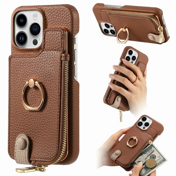 Compatible for iPhone 12 Pro / iPhone 12 6.1" Zipper Wallet Case with Card Holder, Rotation Ring Kickstand Case, PU Leather Card Slots RFID Blocking Protection Phone Case Shockproof Cover, Brown