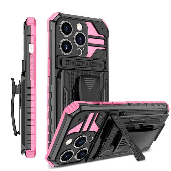 Compatible with iPhone 12 Pro Back Case, 360 Rotating Removable Belt Clip & Hidden Kickstand & Hard PC + Soft TPU & Anti-fall & Shock Absorption Phone Case for iPhone 12 Pro, Pink