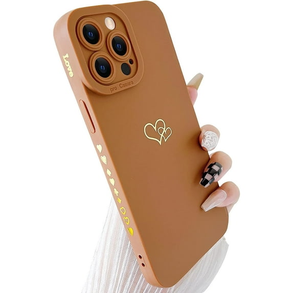 Compatible with iPhone 12 Pro Case (6.1" 2020), Plated Luxury Heart Phone Case Cute Side Pattern Soft TPU Shockproof Full Camera Lens Protective Phone Cases for Women Girls - Brown