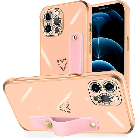 Compatible with iPhone 12 Pro Case 6.1” Thin for Women Girls,Soft TPU Plating Bumper Wristband Holder Camera Lens Protection Case Slim Shockproof Love Heart Cute Case Cover(Elegant Pink)