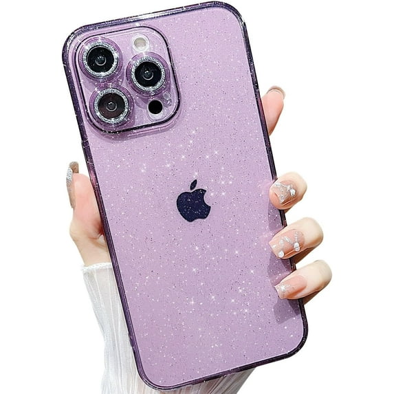 Compatible with iPhone 12 Pro Case 6.1 inch, Cute Neon Bright Color with Bling Glitter Diamond Camera Protector, Clear Crystal Case Shockproof Sparkle Len for Women Girls-Dark Purple