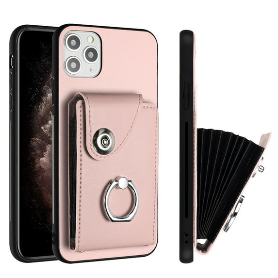 Compatible for iPhone 12 Pro Case with Card Holder, for iPhone 12 Pro Wallet Case for Women Men with Rotation Finger Ring Stand, Accordion Style PU Leather Shockproof Protection Case, Pink