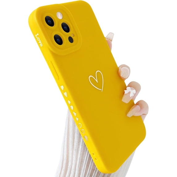 Compatible with iPhone 12 Pro Case Cute, Luxury Heart Phone Case Side Pattern Soft TPU Shockproof Full Camera Lens Protective Case for iPhone 12 Pro 6.1" for Women Girl - Yellow