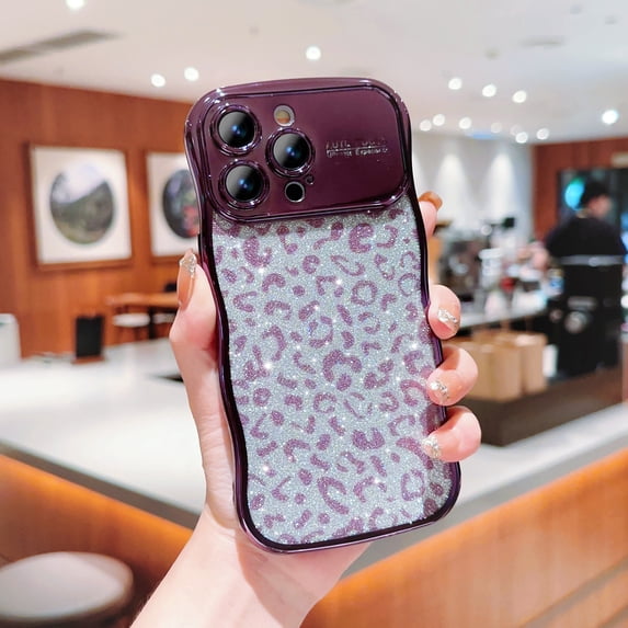 Compatible for iPhone 12 Pro Case,Cute Sparkly Bling Leopard Glitter Electroplated Wavy Edge Design for Women Girls TPU Shockproof Anti-Scratch Protective Phone Cover Case,Darkpurple