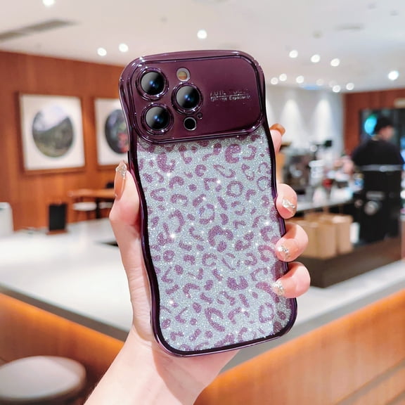 Compatible for iPhone 12 Pro Case,Cute Sparkly Bling Leopard Glitter Electroplated Wavy Edge Design for Women Girls TPU Shockproof Anti-Scratch Protective Phone Cover Case,Darkpurple