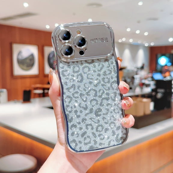 Compatible for iPhone 12 Pro Case,Cute Sparkly Bling Leopard Glitter Electroplated Wavy Edge Design for Women Girls TPU Shockproof Anti-Scratch Protective Phone Cover Case,Silver