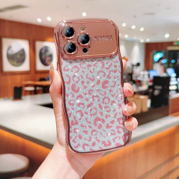 Compatible for iPhone 12 Pro Case,Cute Sparkly Bling Leopard Glitter Electroplated Wavy Edge Design for Women Girls TPU Shockproof Anti-Scratch Protective Phone Cover Case,Rosegold