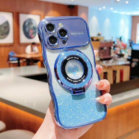 Compatible for iPhone 12 Pro Case with Luxury Glitter Plating Sparkly Design Women Teen Girls Phone Cases[Kickstand][Wireless Charging] Shiny Bling Camera Protective Cover,Blue