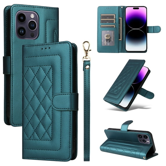 Compatible with iPhone 12 Pro / 12 Case, Premium Leather iPhone 12 Pro / 12 Wallet Book Case Magnetic Flip RFID Blocking Credit Card Holder Kickstand with Wrist Strap Shock Absorbing Case, Darkgreen