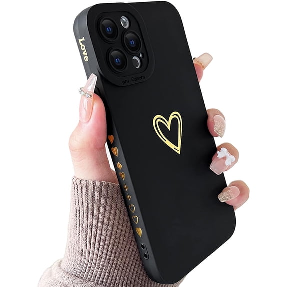 Compatible with iPhone 12 Pro Case for Women, Bronzing Luxury Heart Phone Case Cute Side Pattern Soft TPU Shockproof Full Camera Lens Protective Cover for iPhone 12 Pro 6.1 Inch - Black