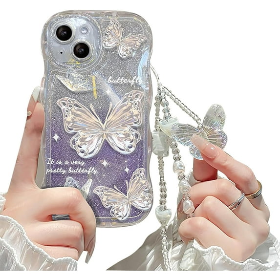 Compatible with iPhone 12 Pro Case for Women/Girls, Cute Butterfly Glitter Bling with Bracelets Anti-Scratch Shockproof Case for iPhone 12 Pro, Purple with Bracelets