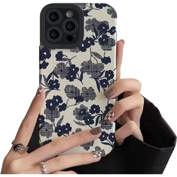 Compatible with iPhone 12 Pro Faux Leather Grain Case, Cute Art Flower Pattern, All Inclusive Camera Protection, Soft TPU Shockproof Phone Case (Black Flower)