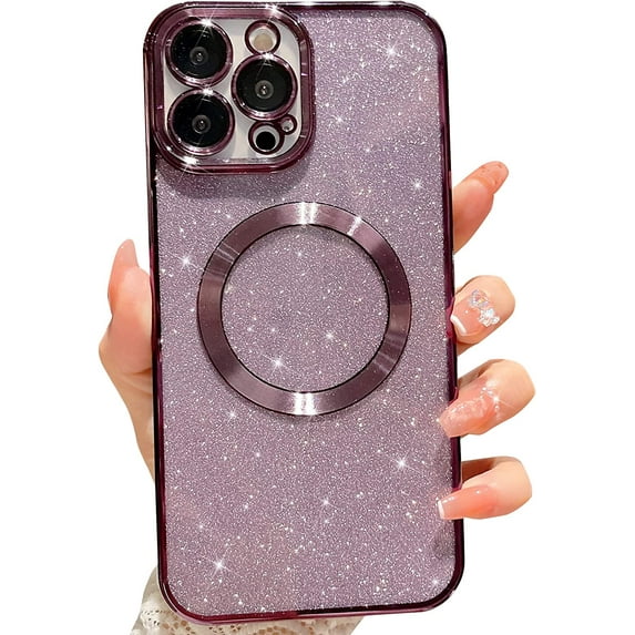 Compatible with iPhone 12 Pro Magnetic Glitter Case, Luxury Plating Cute Bling Clear Phone Case, Compatible with MagSafe for Women Girls with Camera Protector Back Cover - Purple