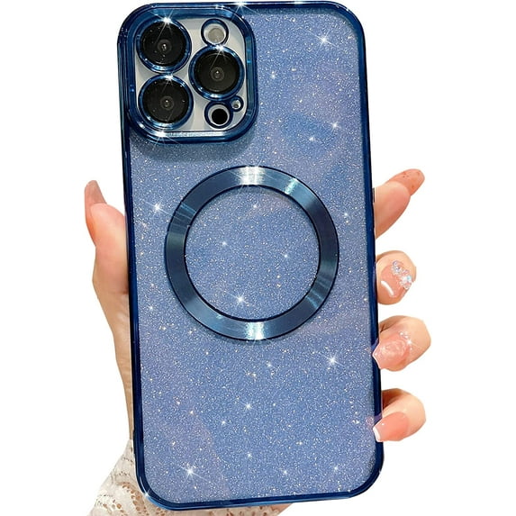 Compatible with iPhone 12 Pro Magnetic Glitter Case, Luxury Plating Cute Bling Clear Phone Case, Compatible with MagSafe for Women Girls with Camera Protector Back Cover - Blue