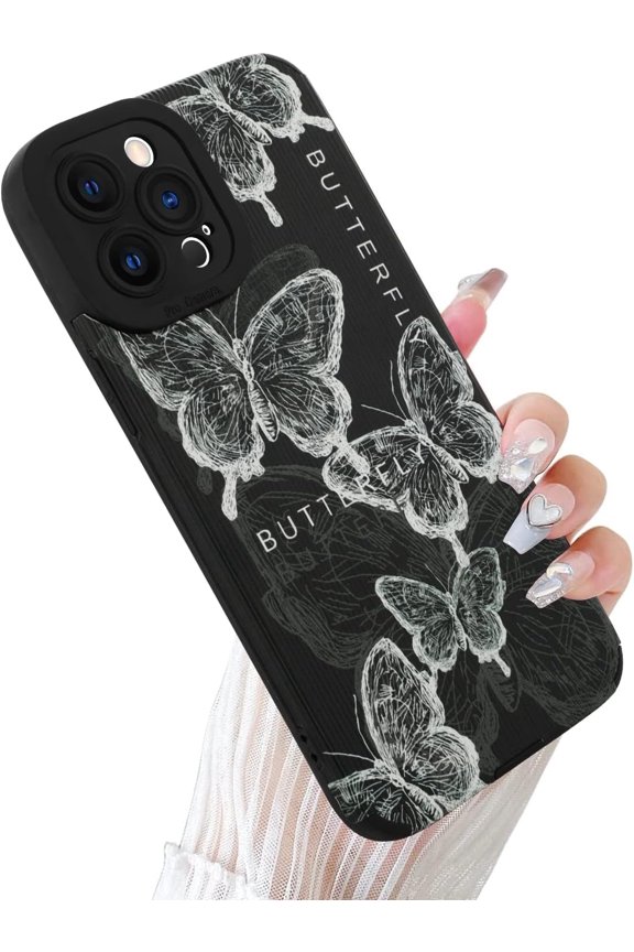 Compatible with iPhone 12 Pro Max 6.7 Inch 2020 Black Silicone Butterfly Case, Soft TPU Anti Bump Silicone Case Cute Butterfly Pattern Design for Female Girls