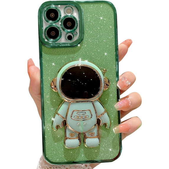 Compatible for iPhone 12 Pro Max 6.7 Inch Bling Plating Astronaut Hidden Stand Case, Cute 6D Stand Glitter Phone Case for Women Girls Soft TPU Shockproof Back Cover - Green