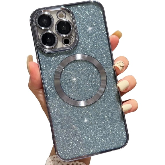 Compatible with iPhone 12 Pro Max 6.7 Inch Case,Luxury Magnetic Glitter Plating Bling Sparkle Shiny Clear Phone Case with Camera Protection,Compatible with MagSafe for Women Girls-Light Blue