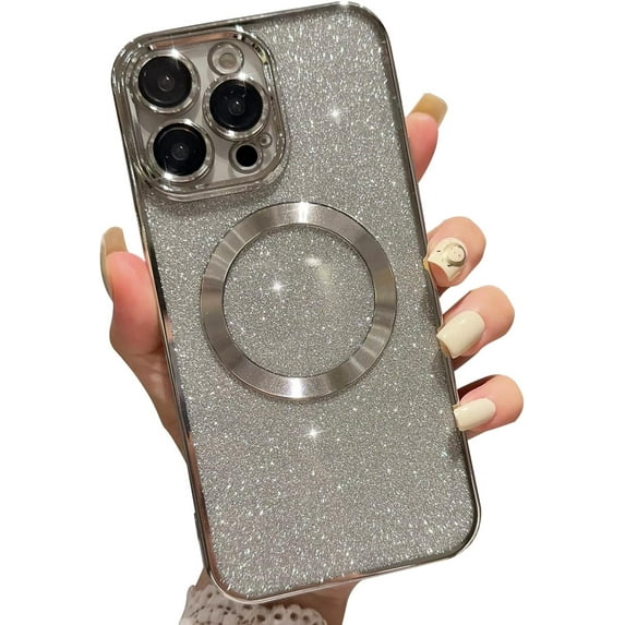 Compatible with iPhone 12 Pro Max 6.7 Inch Case,Luxury Magnetic Glitter Plating Bling Sparkle Shiny Clear Phone Case with Camera Protection,Compatible with MagSafe for Women Girls-Silver
