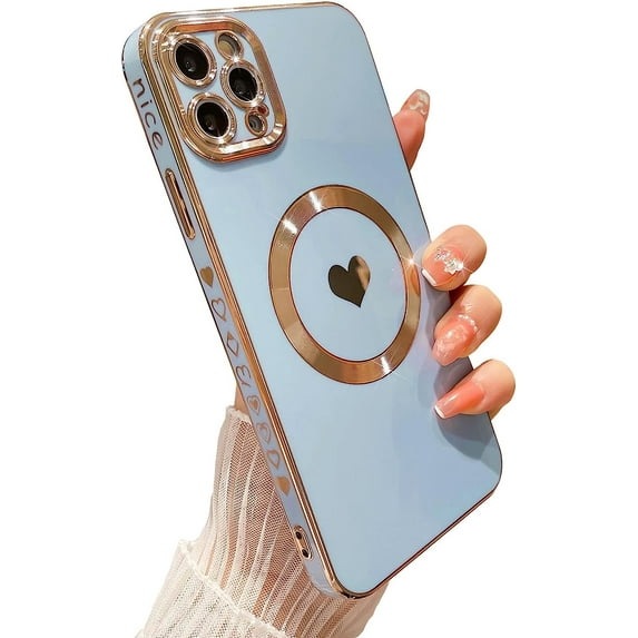 Compatible for iPhone 12 Pro Max 6.7 Inch Plating Heart Case with Magsafe, TPU Shockproof Cute Case for Women Girl Camera Protection Back Cover for iPhone 12 Pro Max Blue