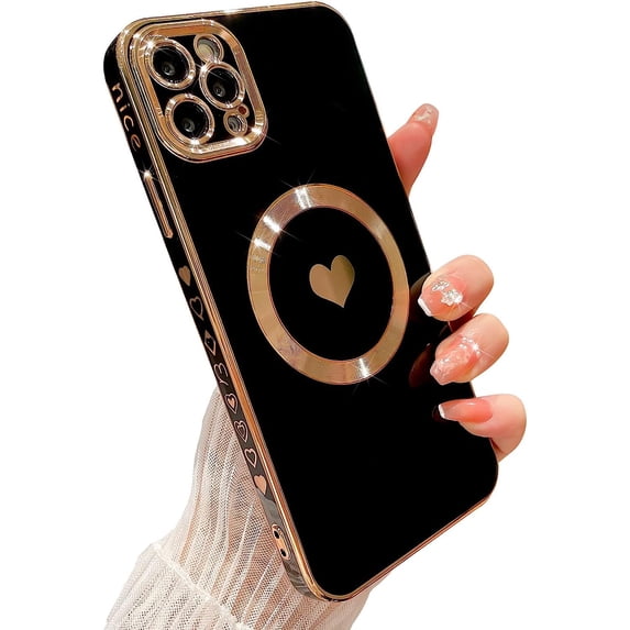 Compatible for iPhone 12 Pro Max 6.7 Inch Plating Heart Case with Magsafe, TPU Shockproof Cute Case for Women Girl Camera Protection Back Cover for iPhone 12 Pro Max Black