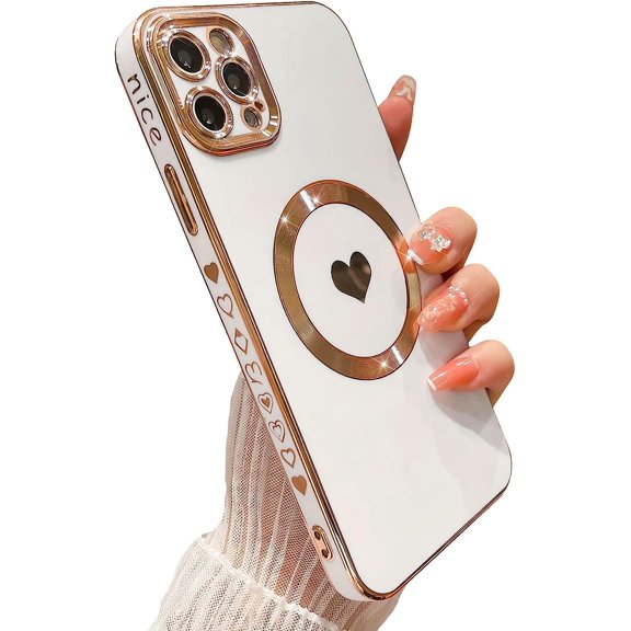 Compatible for iPhone 12 Pro Max 6.7 Inch Plating Heart Case with Magsafe, TPU Shockproof Cute Case for Women Girl Camera Protection Back Cover for iPhone 12 Pro Max White