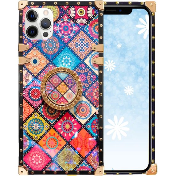 Compatible with iPhone 12 Pro Max 6.7 Inch Square case with Ring Holder for Women Girls Elegant Retro Flower Soft Metal Edge Reinforced Corners Shockproof Kickstand Protective Cover Case