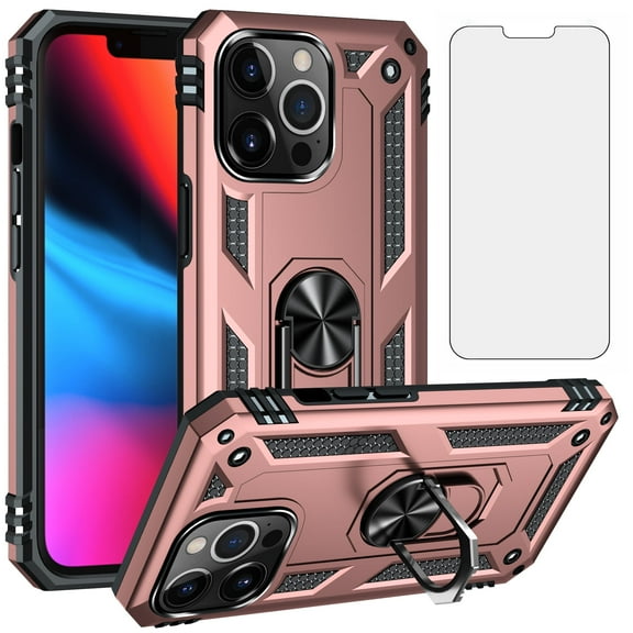 Compatible with iPhone 12 Pro Max 6.7 Phone Case Tempered Glass Screen Protector Slim Magnetic Ring Holder Stand Hybrid Protective Cell Cover for iPhone12promax 5G iPhone12 Plus 12PM Women Men Pink