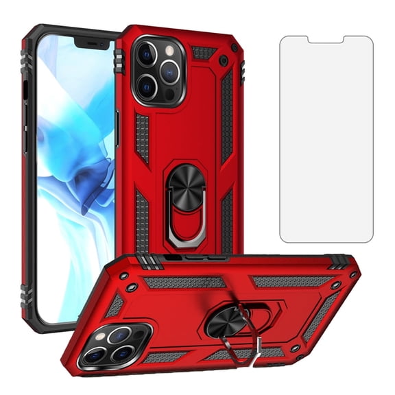 Compatible with iPhone 12 Pro Max 6.7 Phone Case Tempered Glass Screen Protector Slim Magnetic Ring Holder Stand Hybrid Protective Cell Cover for iPhone12promax 5G iPhone12 Plus 12PM Women Men Red