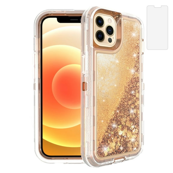 Compatible with iPhone 12 Pro Max 6.7 inch Phone Case Tempered Glass Screen Protector Bling Liquid Glitter Clear Hybrid Shockproof TPU Military Grade Protective Heavy Duty Cell Cover Women Gold