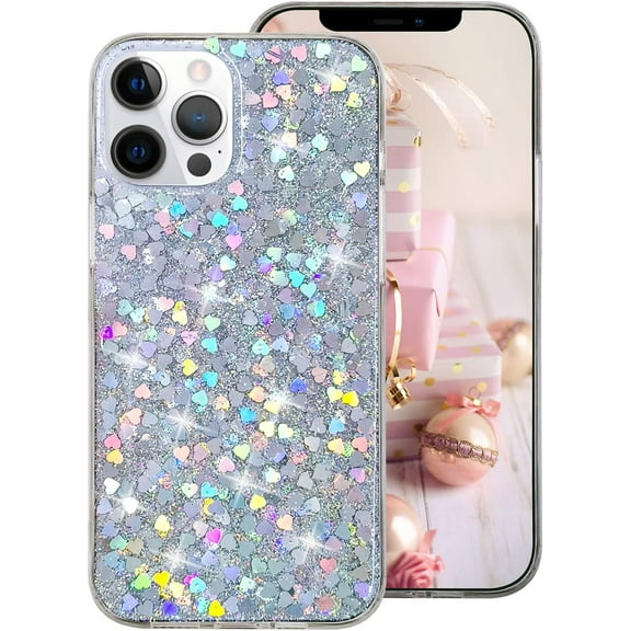 Compatible with iPhone 12 Pro Max Bling Glitter Case Luxury Cute Sparkle Love Heart Shaped Sequins Slim Lightweight Soft Bumper Protective Cover for Women Girls Case 6.7 inch Silver
