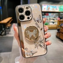 Compatible with iPhone 12 Pro Max Butterfly Case for Women, Embossed Flower Cute Bling Diamond Luxury Design Kickstand Ring Shockproof Protective Cover for iPhone 12 Pro Max 6.7 inch, Pink