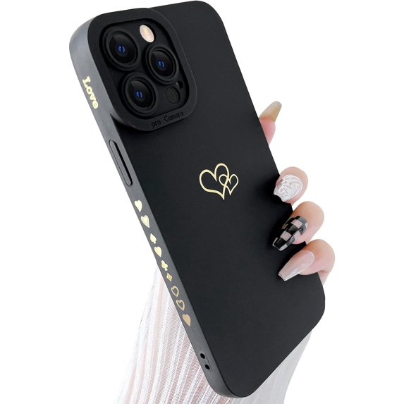 Compatible with iPhone 12 Pro Max Case (6.7" 2020), Plated Luxury Heart Phone Case Cute Side Pattern Soft TPU Shockproof Full Camera Lens Protective Phone Cases for Women Girls - Black