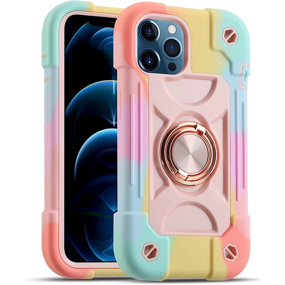 Compatible with iPhone 12 Pro Max Case 6.7 Inch with Ring Stand, Military Grade Drop Protection Full Body Rugged Heavy Duty Cover for iPhone 12 Pro Max. (Rainbow Pink)